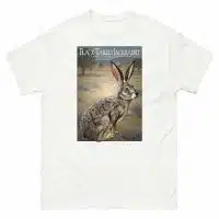 Fine art illustration of a Black-Tailed Jackrabbit printed on a high-quality 100% unisex cotton t-shirt.