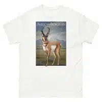 Fine art illustration of an American Pronghorn printed on a high-quality 100% unisex cotton t-shirt.