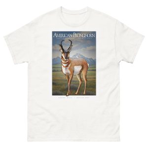 Fine art illustration of an American Pronghorn printed on a high-quality 100% unisex cotton t-shirt.
