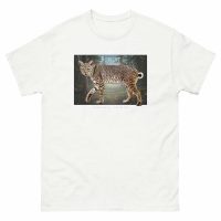Fine art illustration of a Bobcat printed on a high-quality 100% unisex cotton t-shirt.