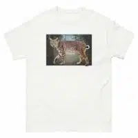 Fine art illustration of a Bobcat printed on a high-quality 100% unisex cotton t-shirt.