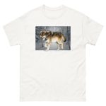 Fine art illustration of a Gray Wolf printed on a high-quality 100% unisex cotton t-shirt.