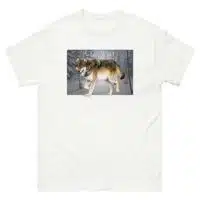Fine art illustration of a Gray Wolf printed on a high-quality 100% unisex cotton t-shirt.