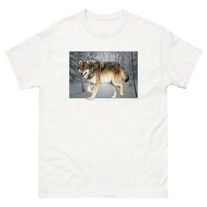 Fine art illustration of a Gray Wolf printed on a high-quality 100% unisex cotton t-shirt.