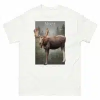 Fine art illustration of a Moose or Elk printed on a high-quality 100% unisex cotton t-shirt.