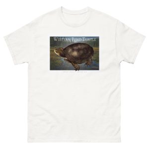 Fine art illustration of a Western Pond Turtle printed on a high-quality 100% unisex cotton t-shirt.