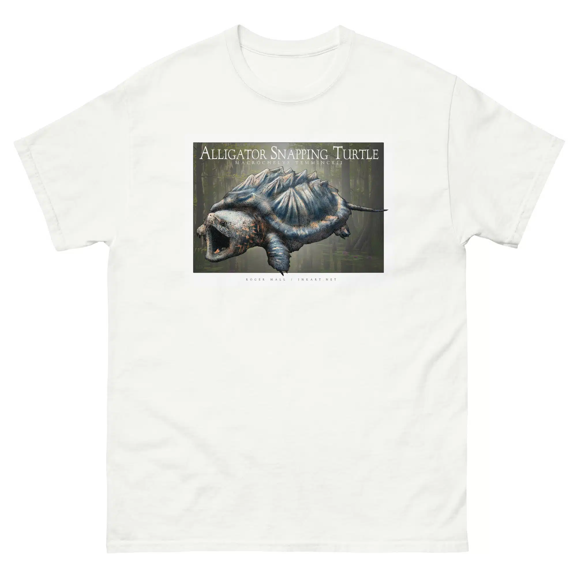 Alligator Snapping Turtle unisex-classic-tee-white Fine art illustration of an Alligator Snapping Turtle printed on a high-quality 100% unisex cotton t-shirt.