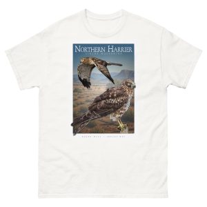 Fine art illustration of a Northern Harrier printed on a high-quality 100% unisex cotton t-shirt.