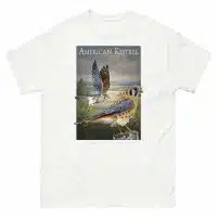 Fine art illustration of an American Kestrel printed on a high-quality 100% unisex cotton t-shirt.