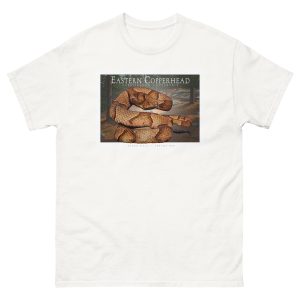 Fine art illustration of an Eastern Copperhead printed on a high-quality 100% unisex cotton t-shirt.