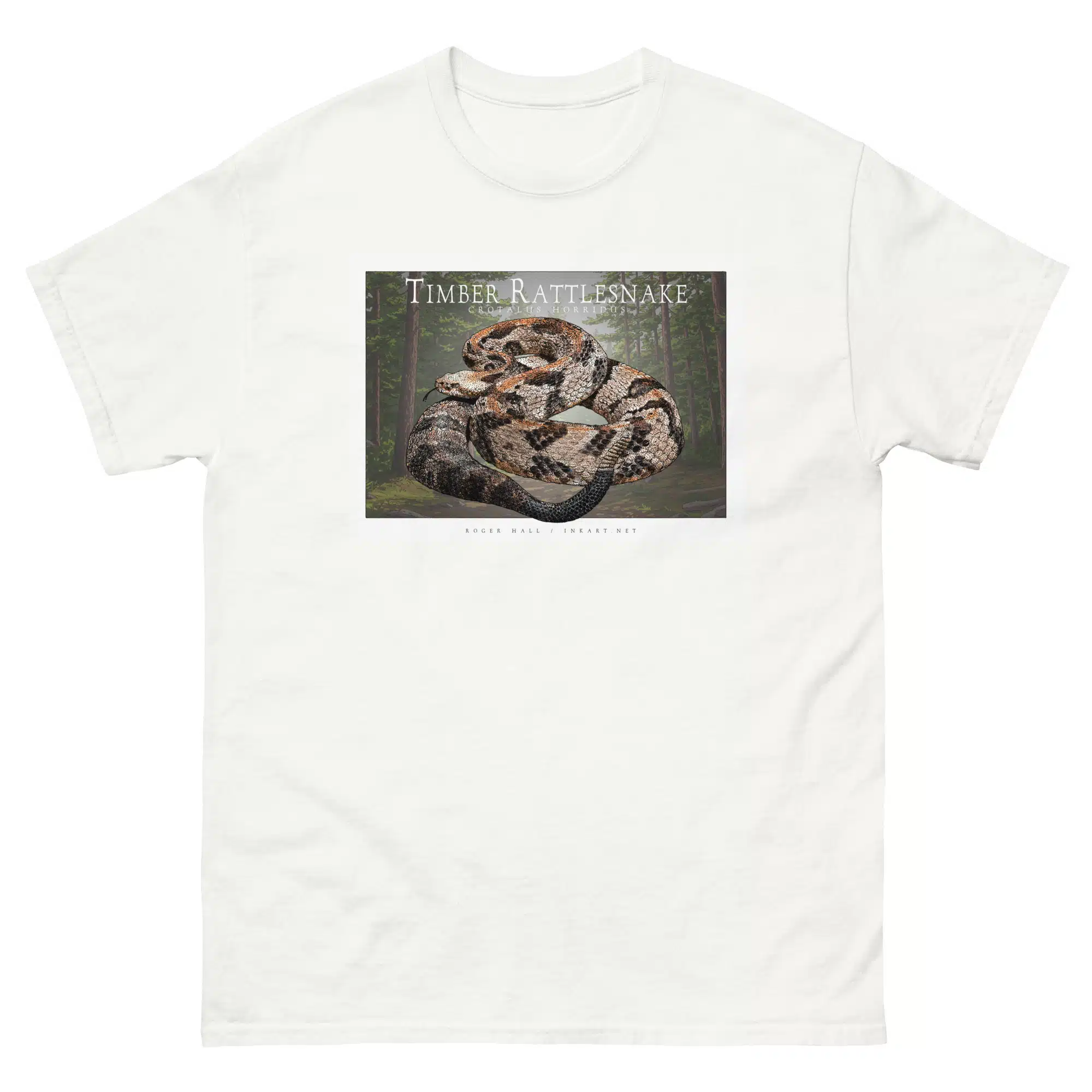 Timber Rattlesnake unisex-classic-tee-white Fine art illustration of a Timber Rattlesnake printed on a high-quality 100% unisex cotton t-shirt.