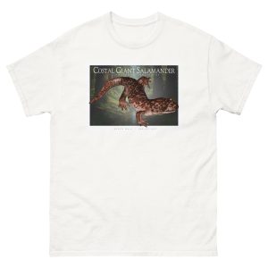 Fine art illustration of a Coastal Giant Salamander printed on a high-quality 100% unisex cotton t-shirt.