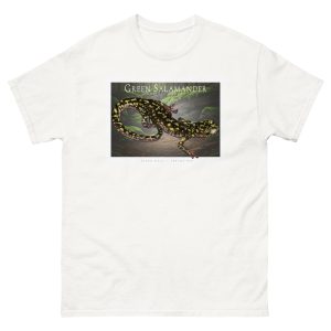 Fine art illustration of a Green Salamander printed on a high-quality 100% unisex cotton t-shirt.