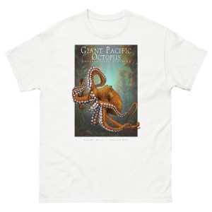 Fine art illustration of a Giant Pacific Octopus printed on a high-quality 100% unisex cotton t-shirt.