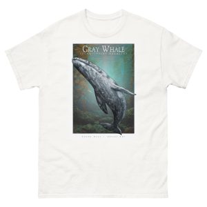 Fine art illustration of a Gray Whale printed on a high-quality 100% unisex cotton t-shirt.