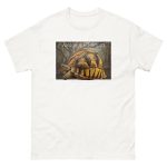 Fine art illustration of an Angonoka tortoise printed on a high-quality 100% unisex cotton t-shirt.