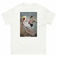 Fine art illustration of a Brown Pelican printed on a high-quality 100% unisex cotton t-shirt.
