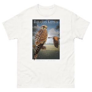 Fine art illustration of a Eurasian or Common Kestrel printed on a high-quality 100% unisex cotton t-shirt.