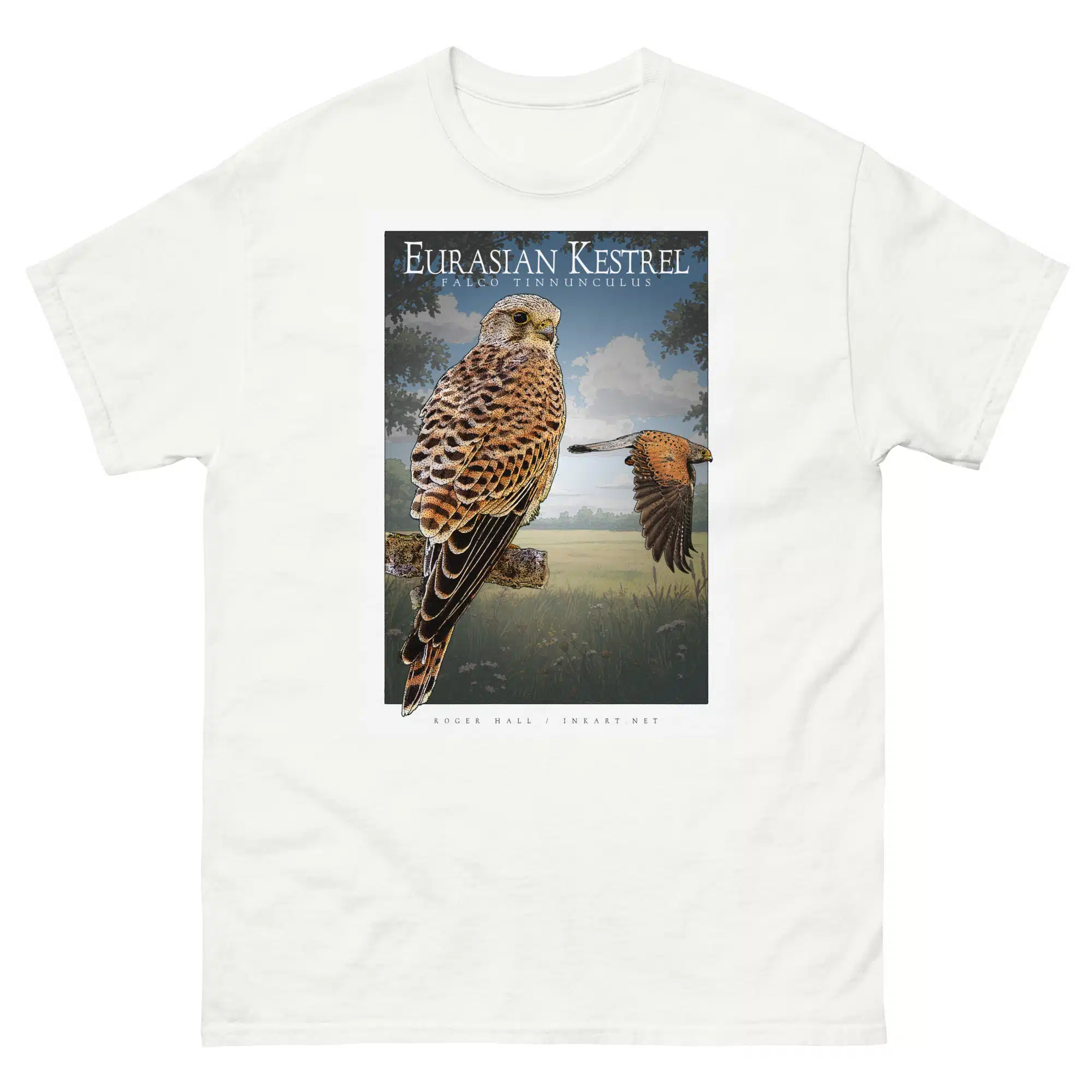 Eurasian or Common Kestrel unisex-classic-tee-white Fine art illustration of a Eurasian or Common Kestrel printed on a high-quality 100% unisex cotton t-shirt.