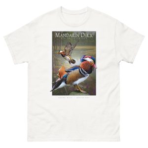 Fine art illustration of a Mandarin Duck printed on a high-quality 100% unisex cotton t-shirt.