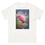 Fine art illustration of a Roseate Spoonbill printed on a high-quality 100% unisex cotton t-shirt.