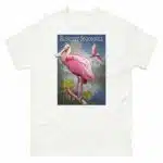 Fine art illustration of a Roseate Spoonbill printed on a high-quality 100% unisex cotton t-shirt.