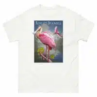 Fine art illustration of a Roseate Spoonbill printed on a high-quality 100% unisex cotton t-shirt.