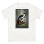 Fine art illustration of a Greater Spotted Woodpecker printed on a high-quality 100% unisex cotton t-shirt.