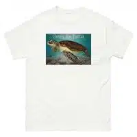 Fine art illustration of a Green Sea Turtle printed on a high-quality 100% unisex cotton t-shirt.