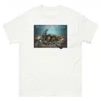 Fine art illustration of a Hawksbill Sea Turtle printed on a high-quality 100% unisex cotton t-shirt.