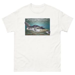 Fine art illustration of a Flatback Sea Turtle printed on a high-quality 100% unisex cotton t-shirt.